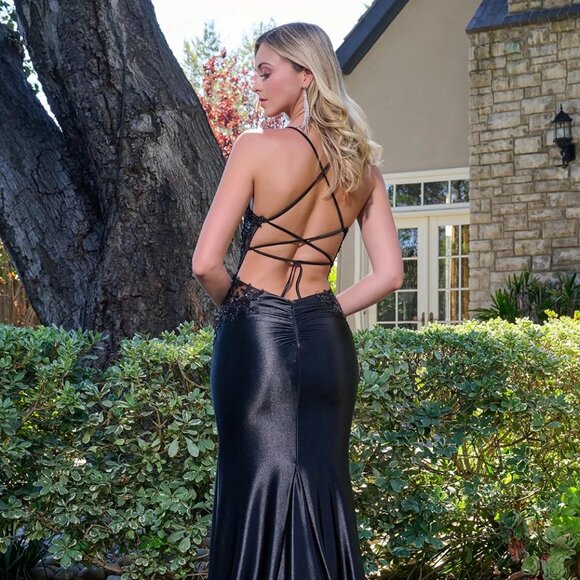 New Soft Satin Elegant Black Gown w/ Beads Embrodiery & Lace Up Back GL3678 - Picture 14 of 15